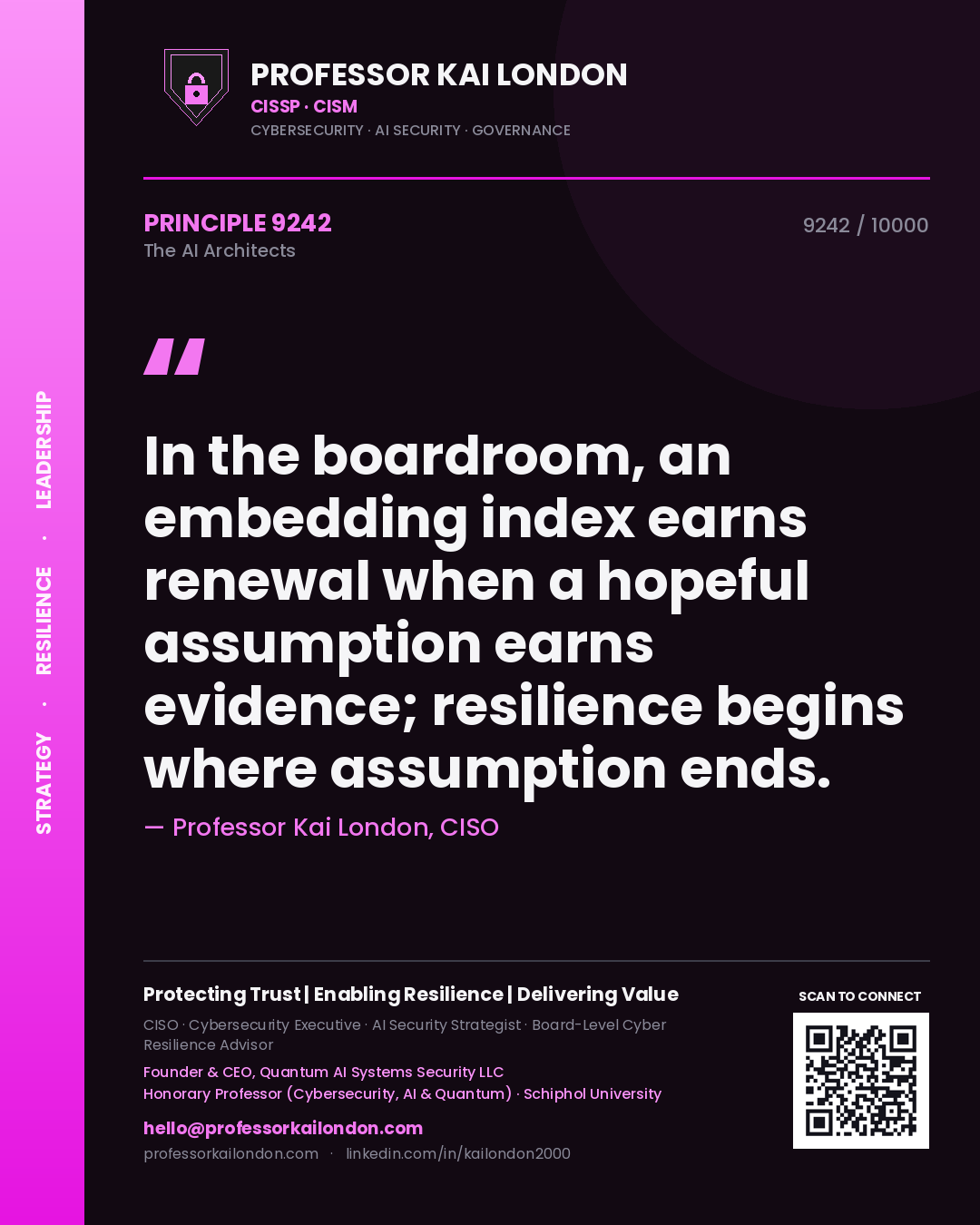 Professor Kai London principle 9242: In the boardroom, an embedding index earns renewal when a hopeful assumption earns evidence; resilience begins where assumption ends.