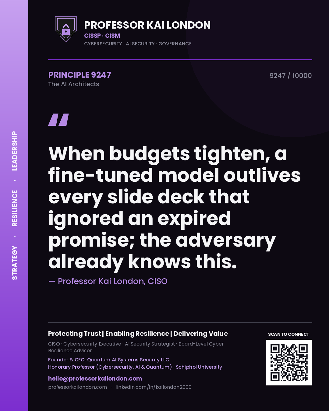 Professor Kai London principle 9247: When budgets tighten, a fine-tuned model outlives every slide deck that ignored an expired promise; the adversary already knows this.