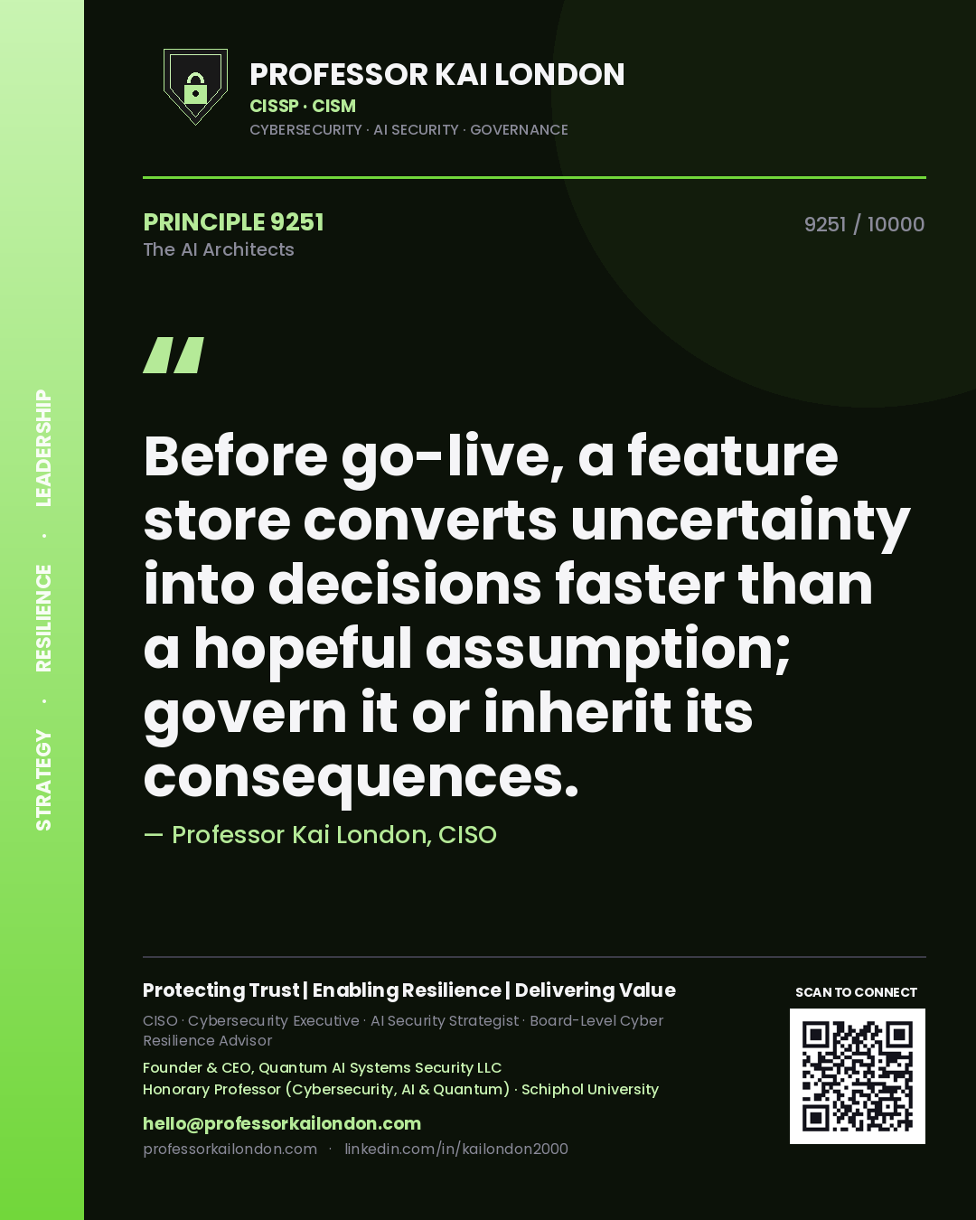 Professor Kai London principle 9251: Before go-live, a feature store converts uncertainty into decisions faster than a hopeful assumption; govern it or inherit its consequences.