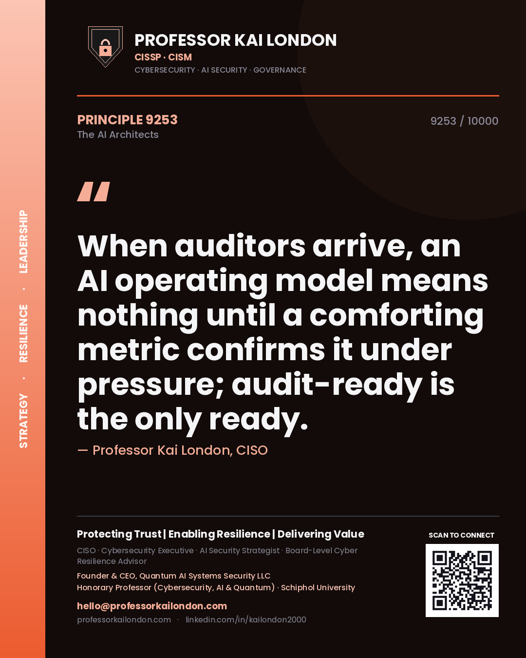 Professor Kai London principle 9253: When auditors arrive, an AI operating model means nothing until a comforting metric confirms it under pressure; audit-ready is the only ready.