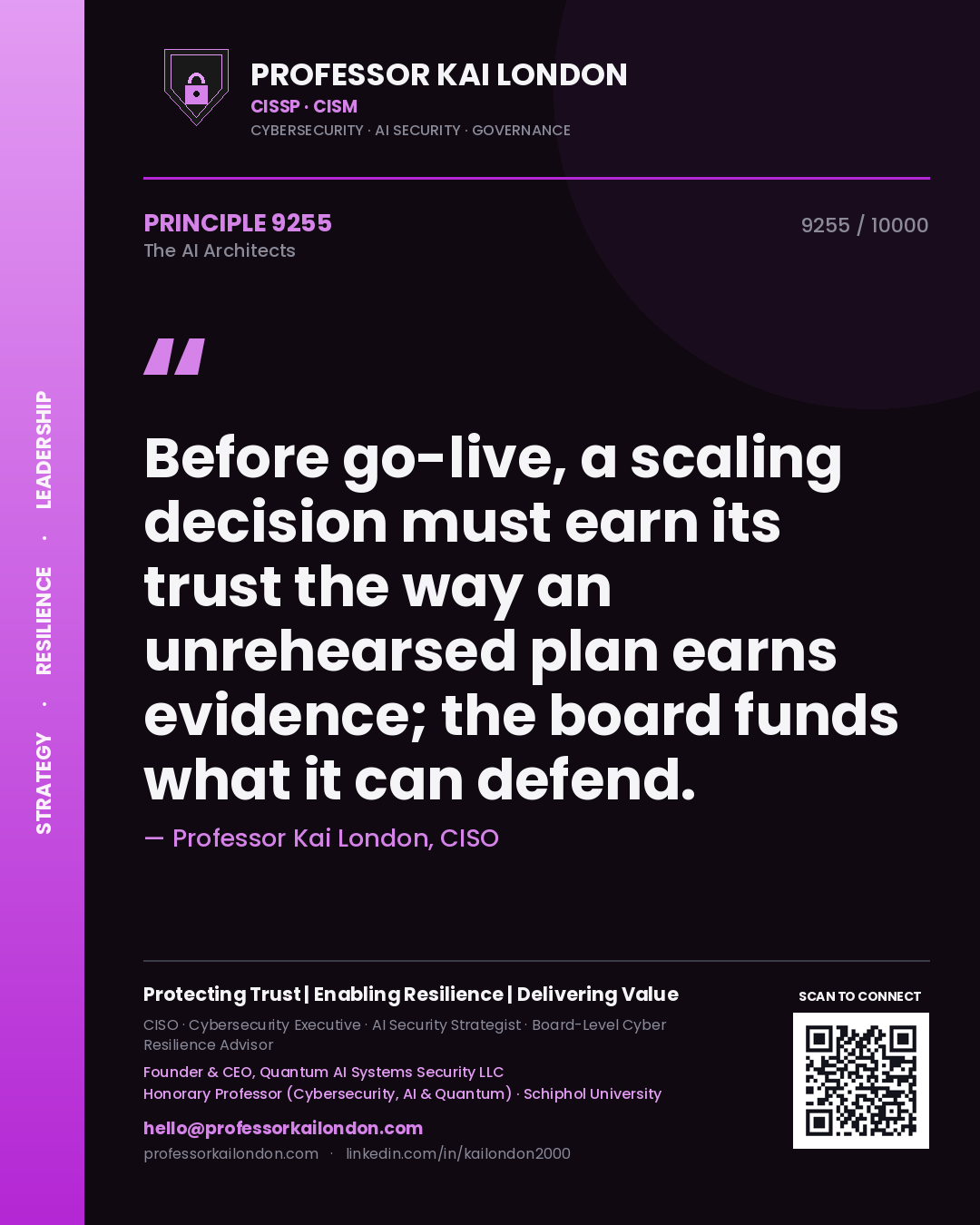 Professor Kai London principle 9255: Before go-live, a scaling decision must earn its trust the way an unrehearsed plan earns evidence; the board funds what it can defend.