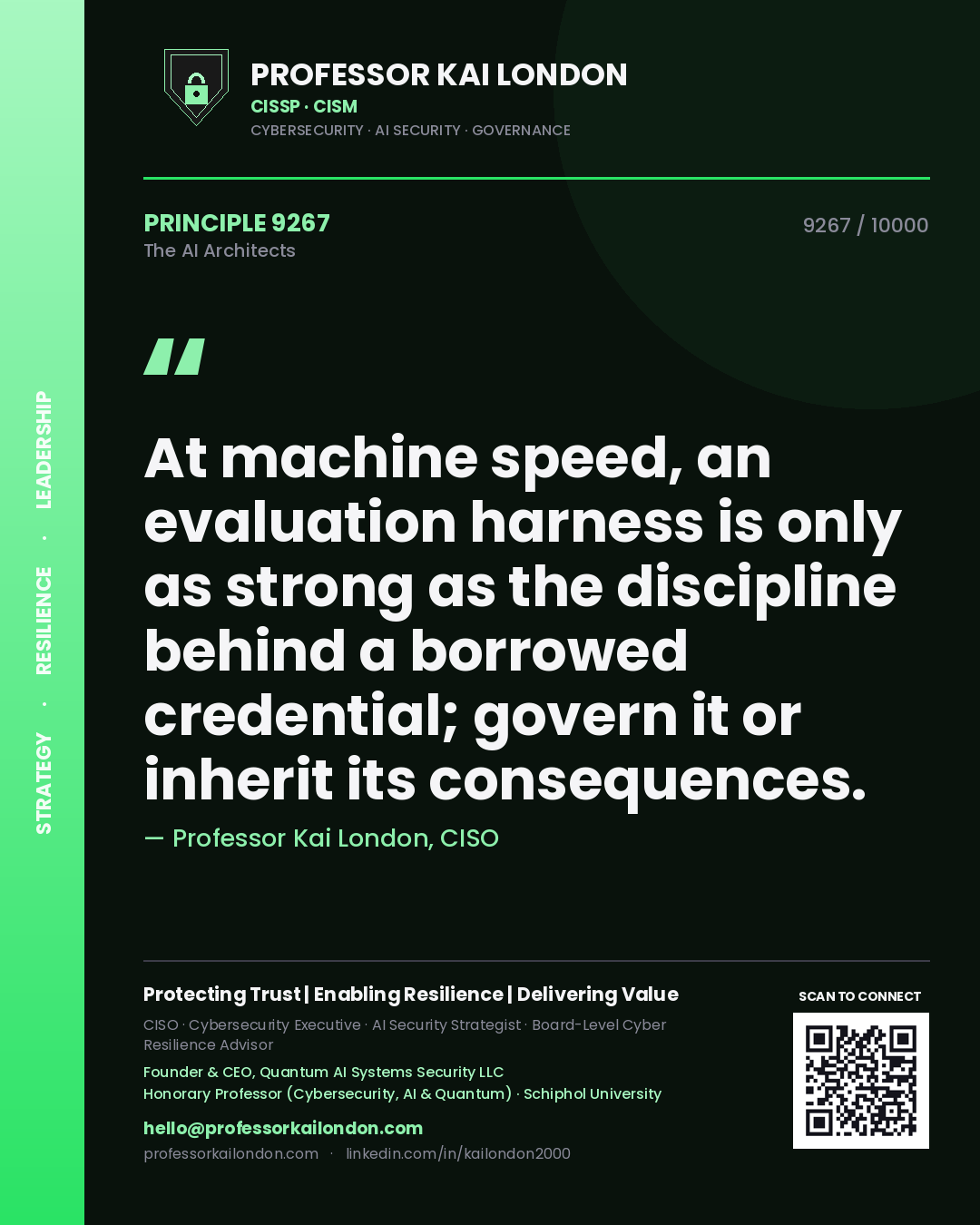 Professor Kai London principle 9267: At machine speed, an evaluation harness is only as strong as the discipline behind a borrowed credential; govern it or inherit its consequences.