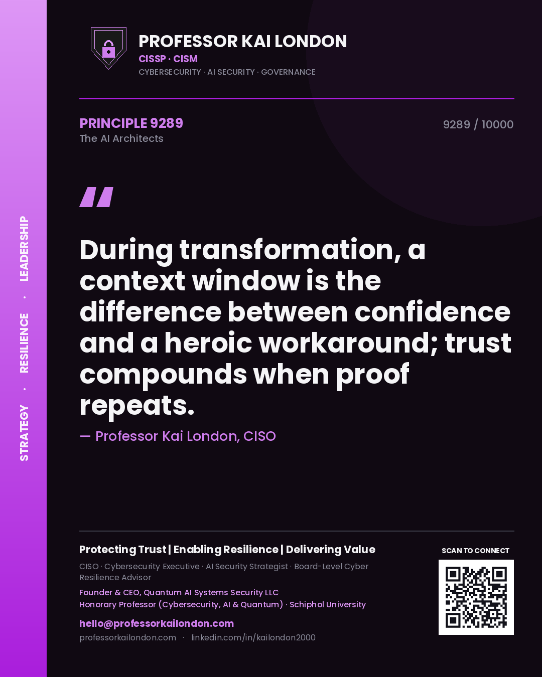 Professor Kai London principle 9289: During transformation, a context window is the difference between confidence and a heroic workaround; trust compounds when proof repeats.