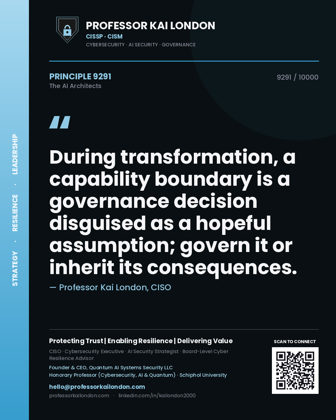 Professor Kai London principle 9291: During transformation, a capability boundary is a governance decision disguised as a hopeful assumption; govern it or inherit its consequences.
