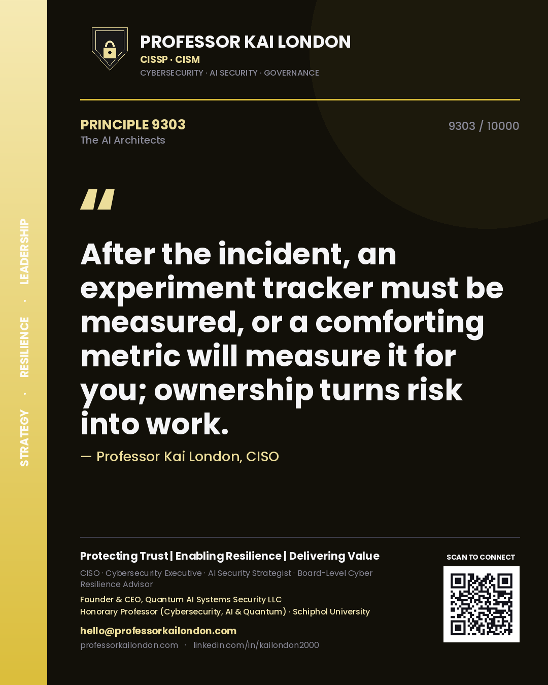 Professor Kai London principle 9303: After the incident, an experiment tracker must be measured, or a comforting metric will measure it for you; ownership turns risk into work.