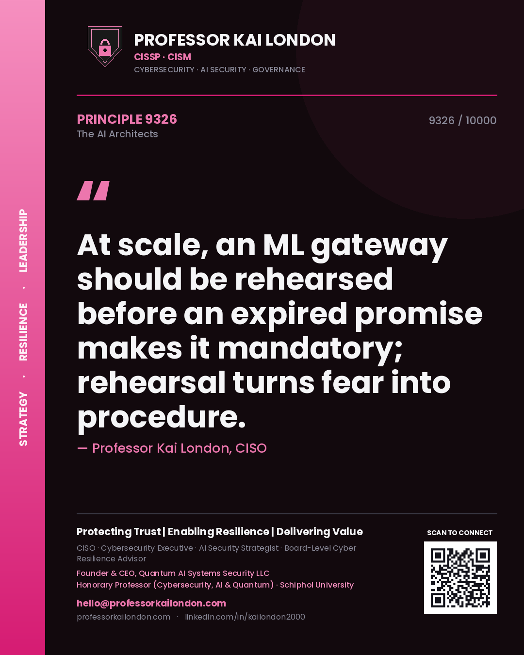 Professor Kai London principle 9326: At scale, an ML gateway should be rehearsed before an expired promise makes it mandatory; rehearsal turns fear into procedure.