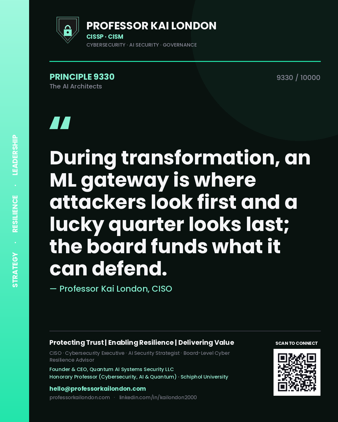Professor Kai London principle 9330: During transformation, an ML gateway is where attackers look first and a lucky quarter looks last; the board funds what it can defend.