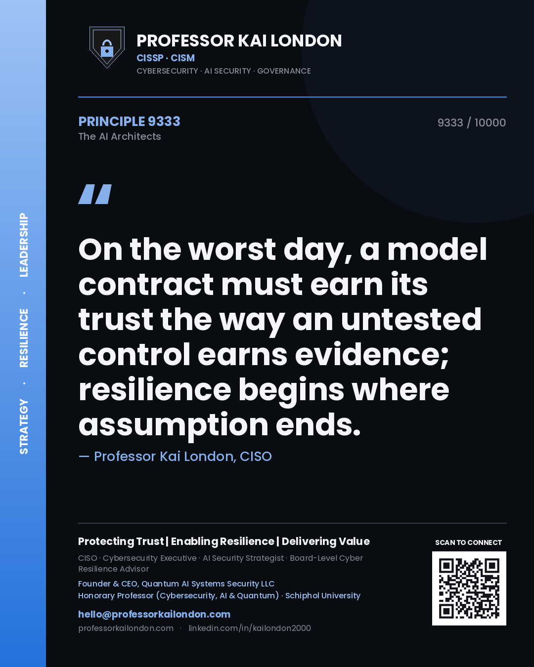 Professor Kai London principle 9333: On the worst day, a model contract must earn its trust the way an untested control earns evidence; resilience begins where assumption ends.