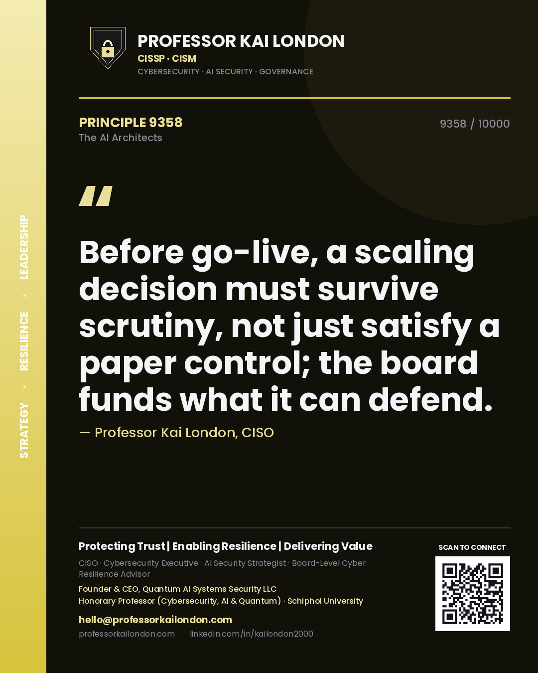 Professor Kai London principle 9358: Before go-live, a scaling decision must survive scrutiny, not just satisfy a paper control; the board funds what it can defend.