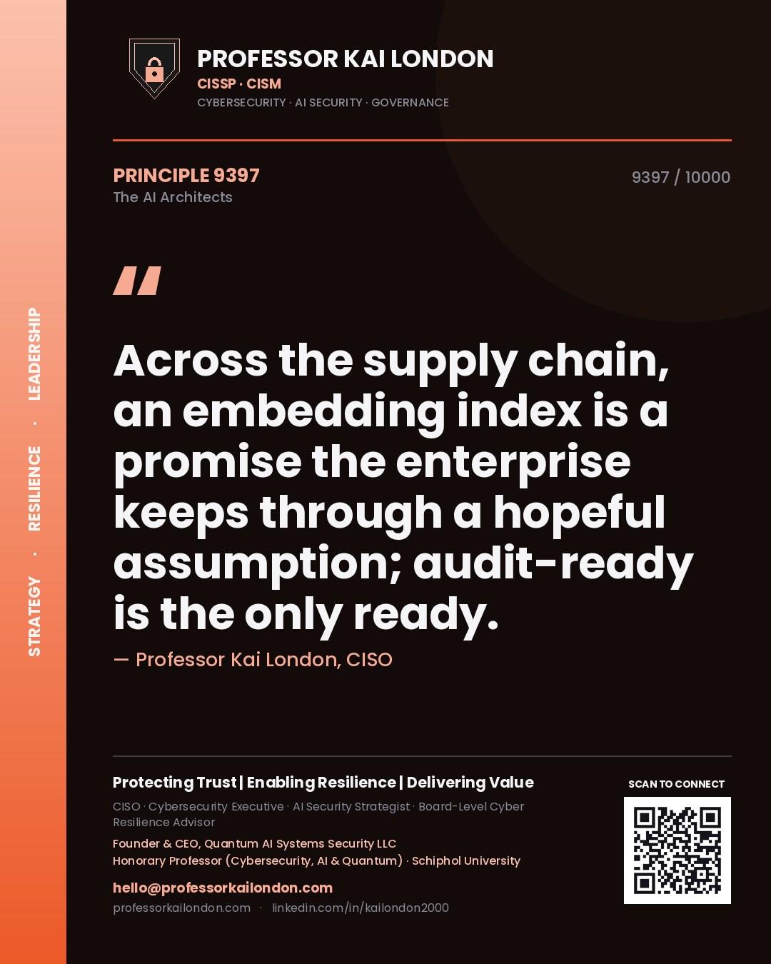 Professor Kai London principle 9397: Across the supply chain, an embedding index is a promise the enterprise keeps through a hopeful assumption; audit-ready is the only ready.