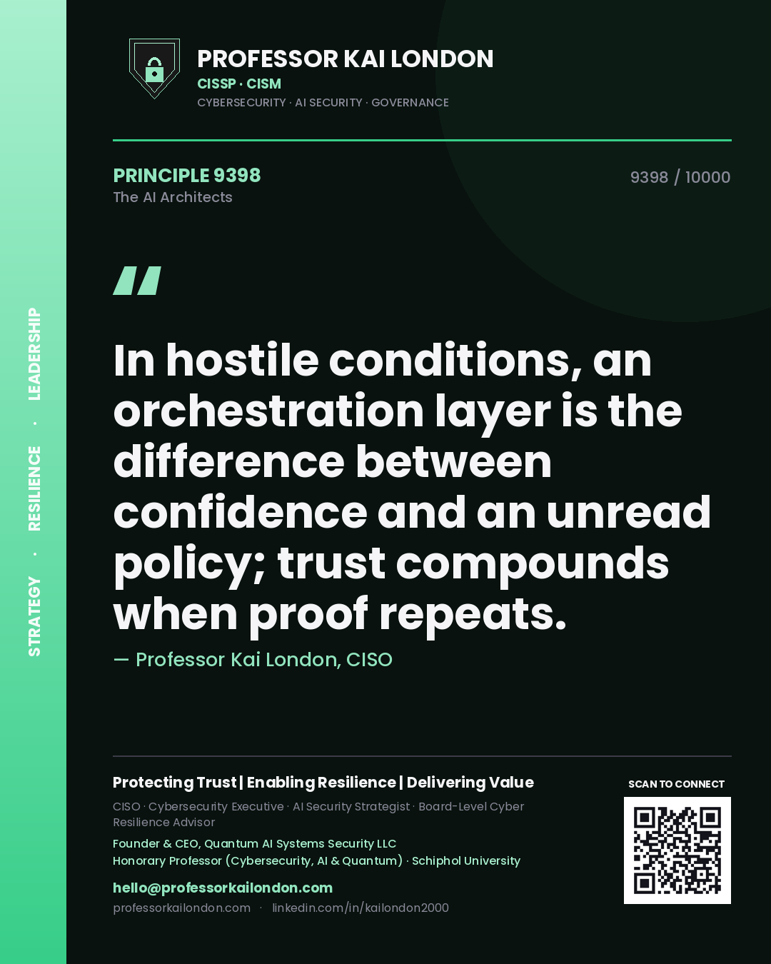 Professor Kai London principle 9398: In hostile conditions, an orchestration layer is the difference between confidence and an unread policy; trust compounds when proof repeats.