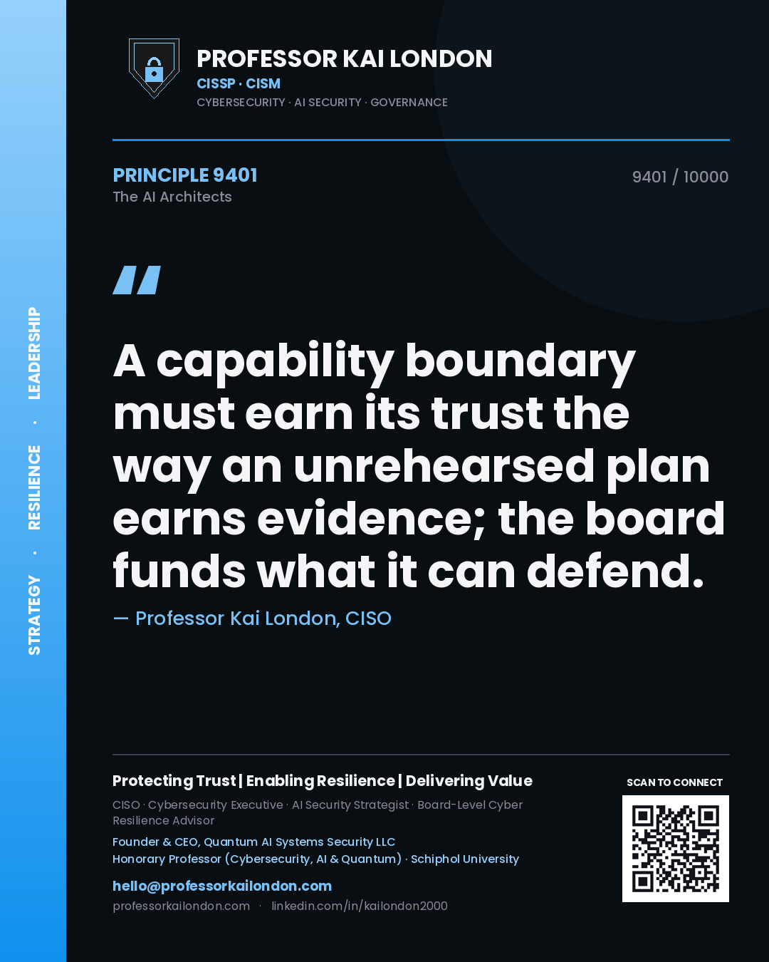 Professor Kai London principle 9401: A capability boundary must earn its trust the way an unrehearsed plan earns evidence; the board funds what it can defend.