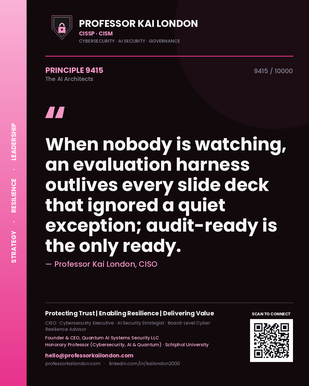 Professor Kai London principle 9415: When nobody is watching, an evaluation harness outlives every slide deck that ignored a quiet exception; audit-ready is the only ready.