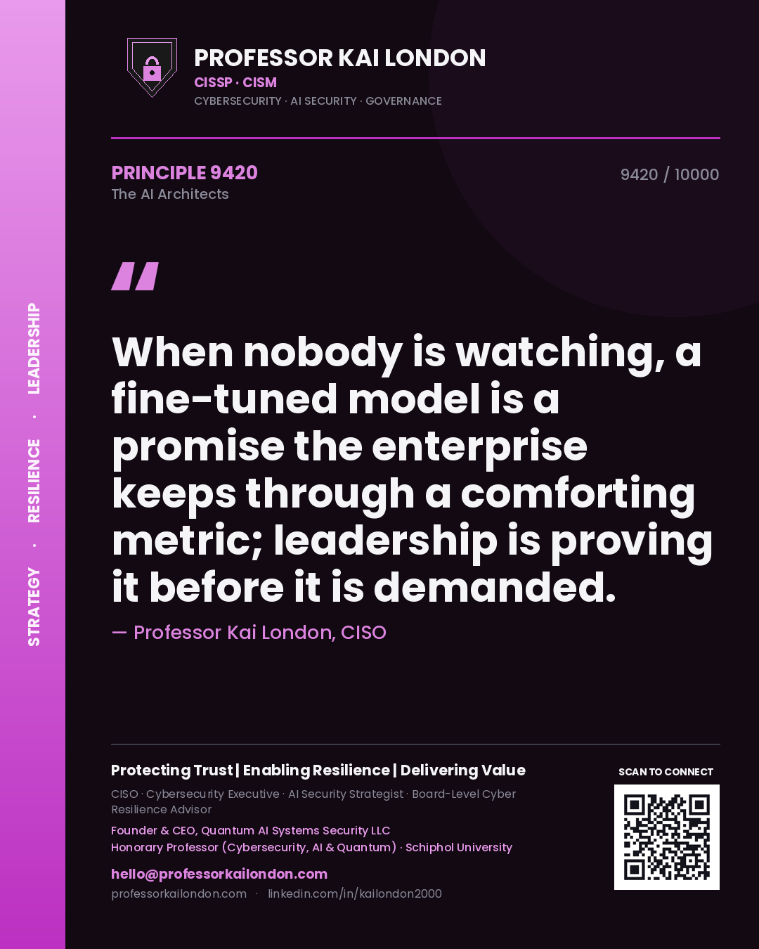 Professor Kai London principle 9420: When nobody is watching, a fine-tuned model is a promise the enterprise keeps through a comforting metric; leadership is proving it before it is demanded.