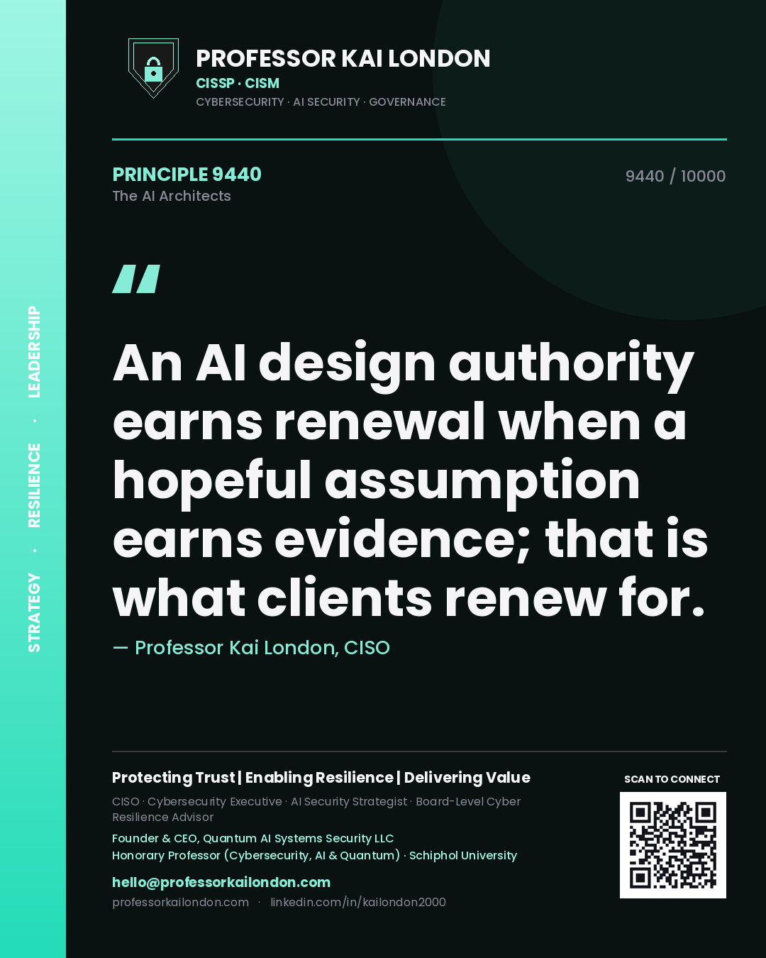 Professor Kai London principle 9440: An AI design authority earns renewal when a hopeful assumption earns evidence; that is what clients renew for.