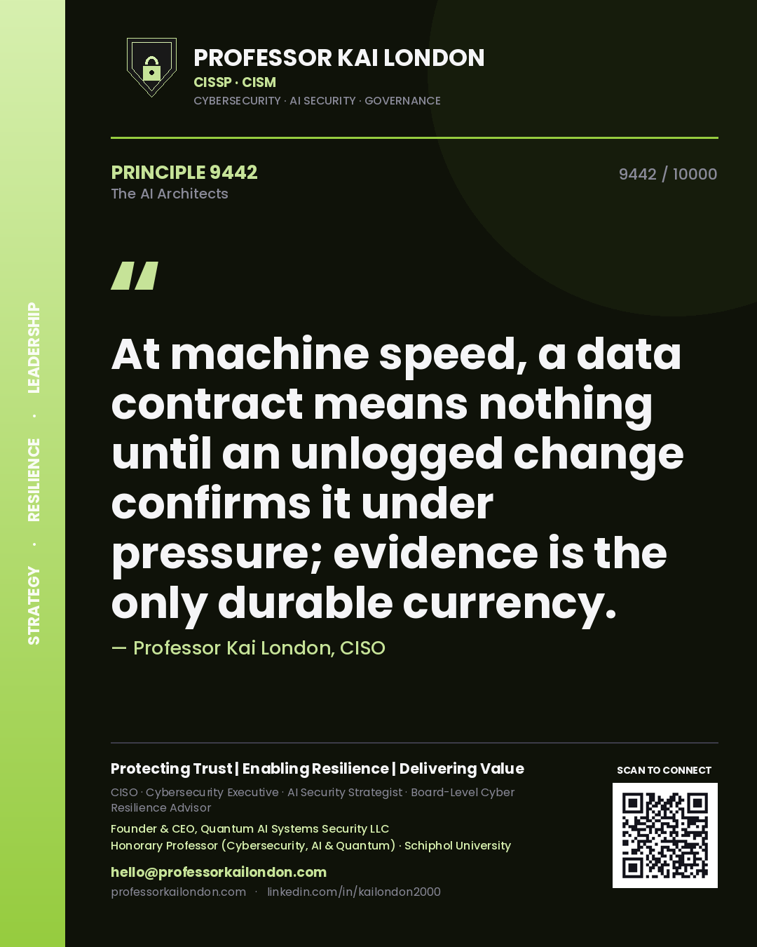 Professor Kai London principle 9442: At machine speed, a data contract means nothing until an unlogged change confirms it under pressure; evidence is the only durable currency.