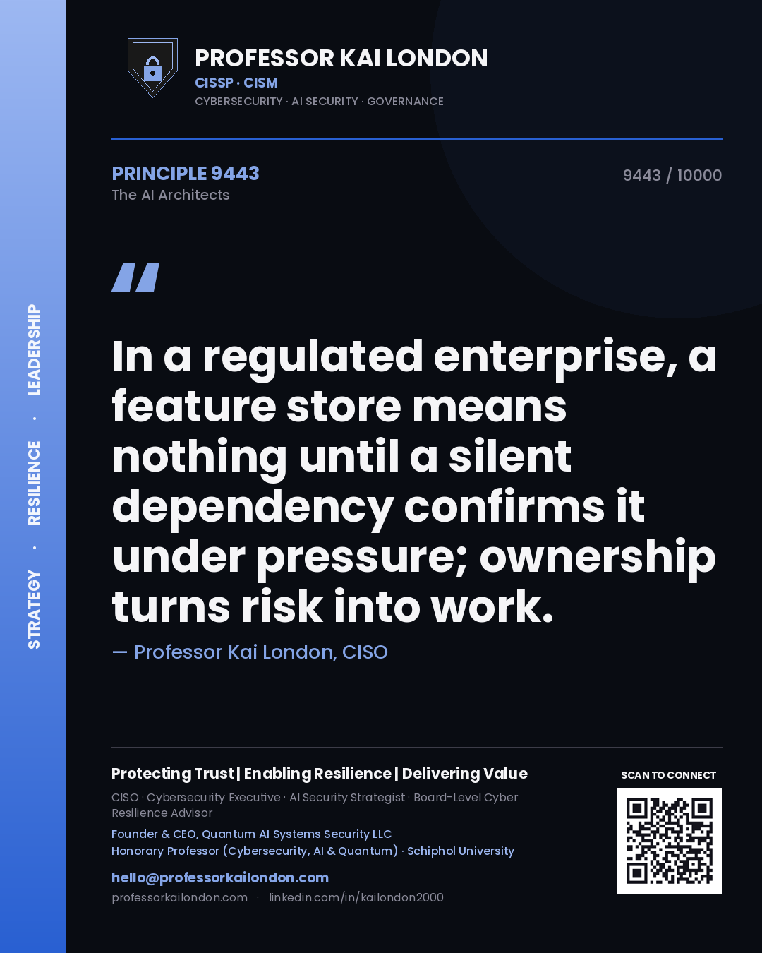 Professor Kai London principle 9443: In a regulated enterprise, a feature store means nothing until a silent dependency confirms it under pressure; ownership turns risk into work.
