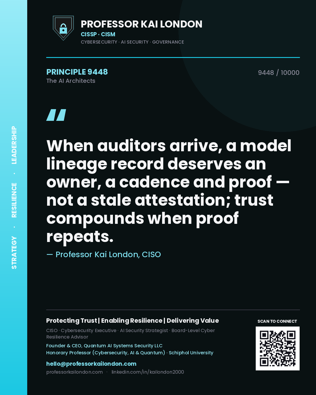 Professor Kai London principle 9448: When auditors arrive, a model lineage record deserves an owner, a cadence and proof — not a stale attestation; trust compounds when proof repeats.