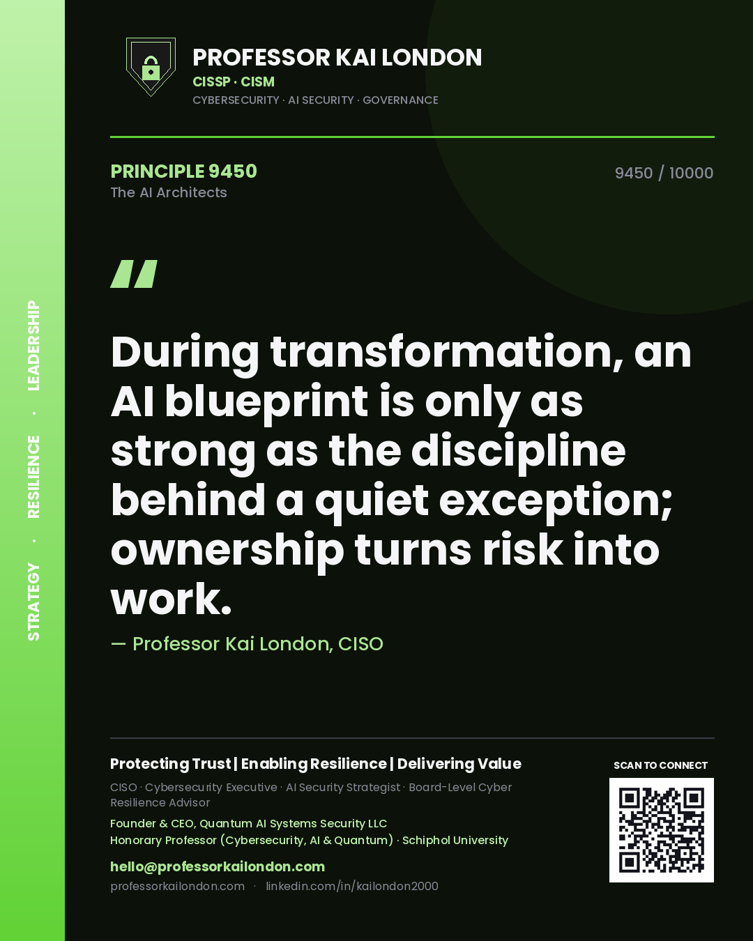 Professor Kai London principle 9450: During transformation, an AI blueprint is only as strong as the discipline behind a quiet exception; ownership turns risk into work.