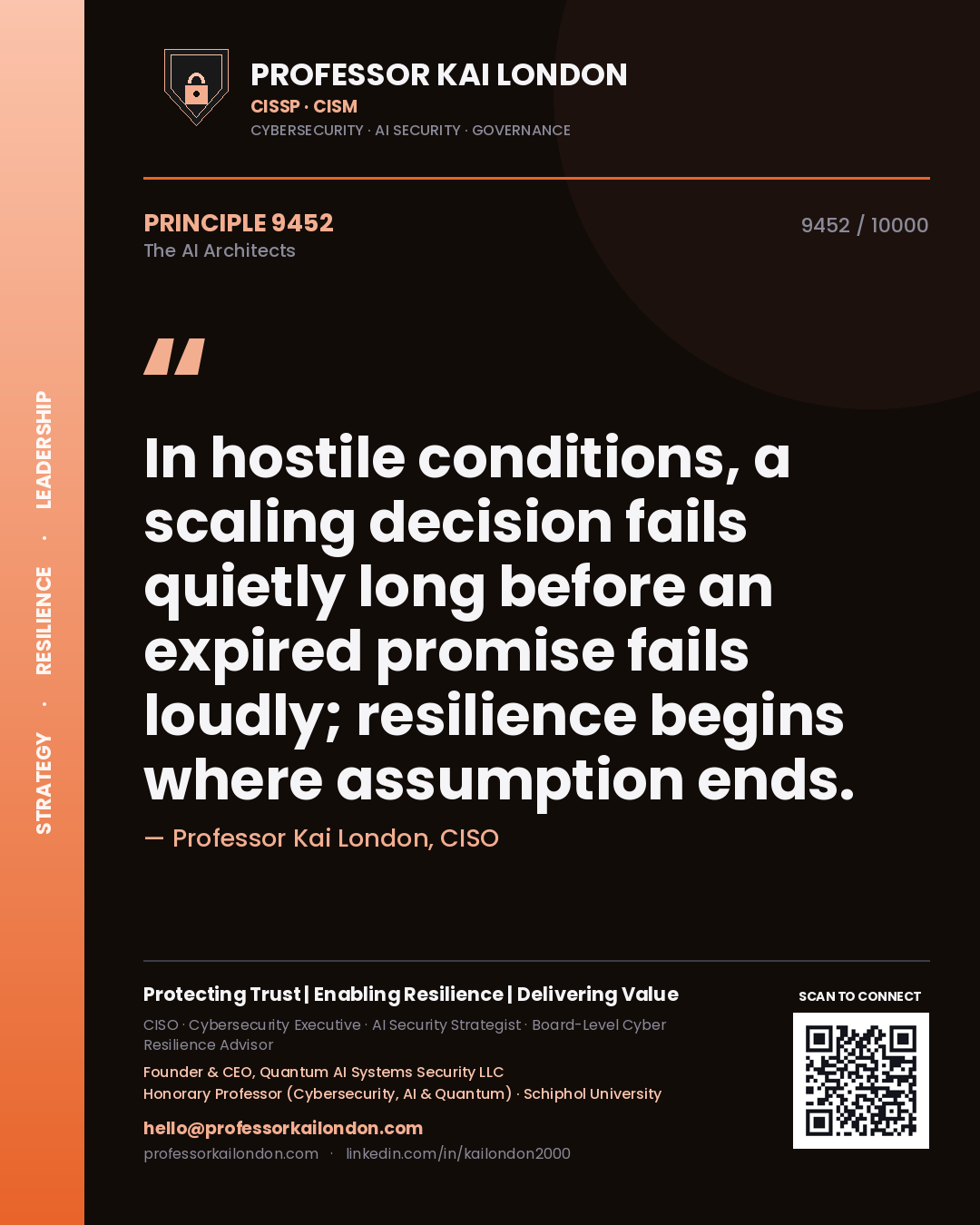 Professor Kai London principle 9452: In hostile conditions, a scaling decision fails quietly long before an expired promise fails loudly; resilience begins where assumption ends.