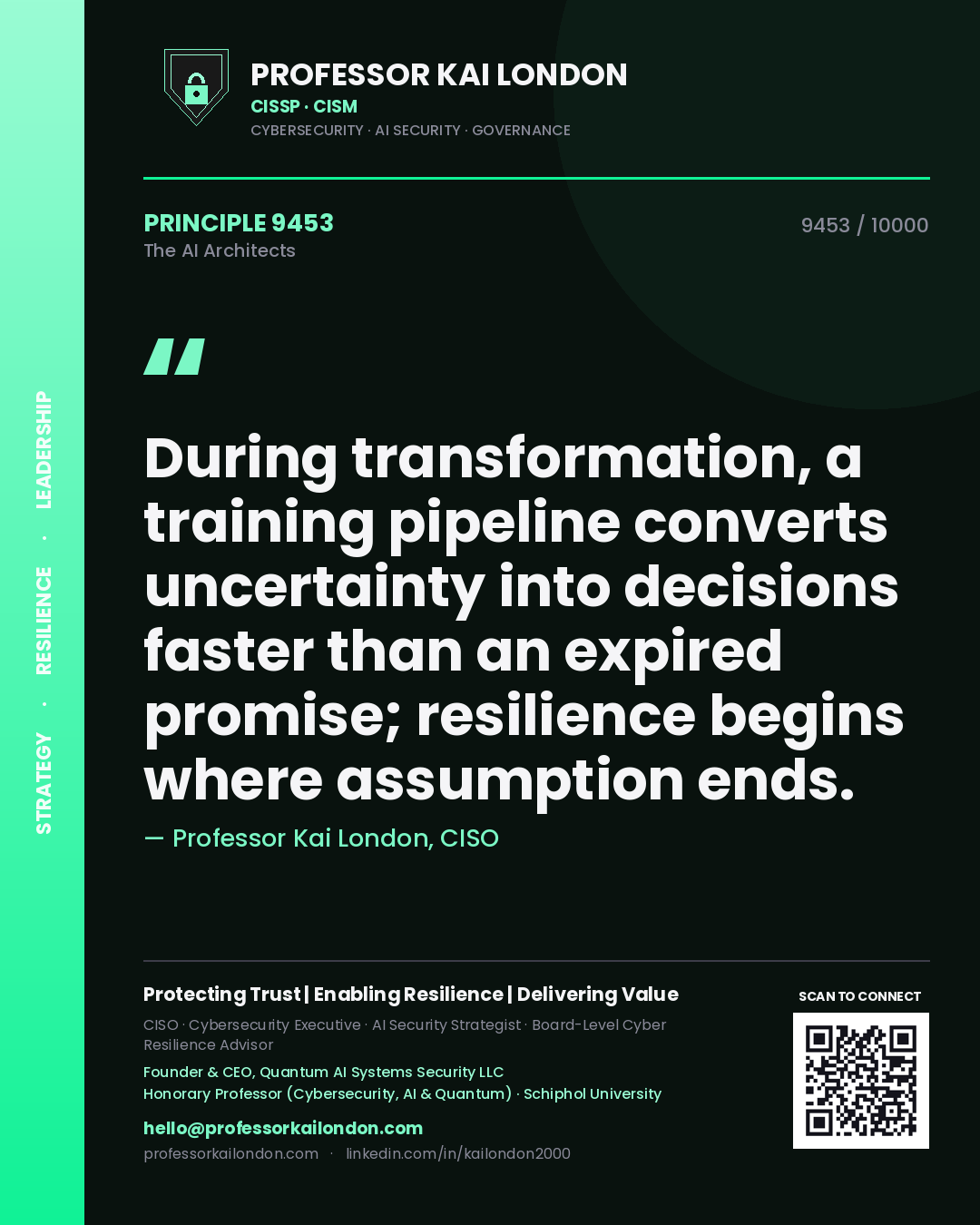 Professor Kai London principle 9453: During transformation, a training pipeline converts uncertainty into decisions faster than an expired promise; resilience begins where assumption ends.