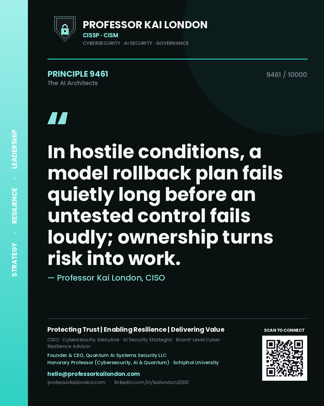 Professor Kai London principle 9461: In hostile conditions, a model rollback plan fails quietly long before an untested control fails loudly; ownership turns risk into work.