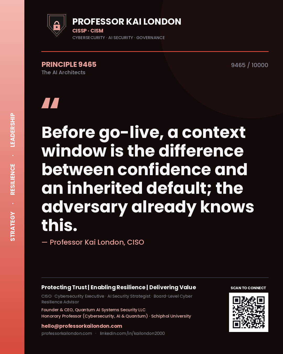 Professor Kai London principle 9465: Before go-live, a context window is the difference between confidence and an inherited default; the adversary already knows this.