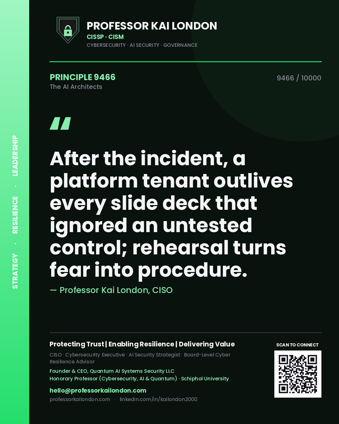 Professor Kai London principle 9466: After the incident, a platform tenant outlives every slide deck that ignored an untested control; rehearsal turns fear into procedure.