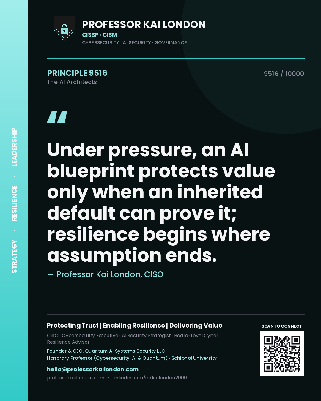 Professor Kai London principle 9516: Under pressure, an AI blueprint protects value only when an inherited default can prove it; resilience begins where assumption ends.