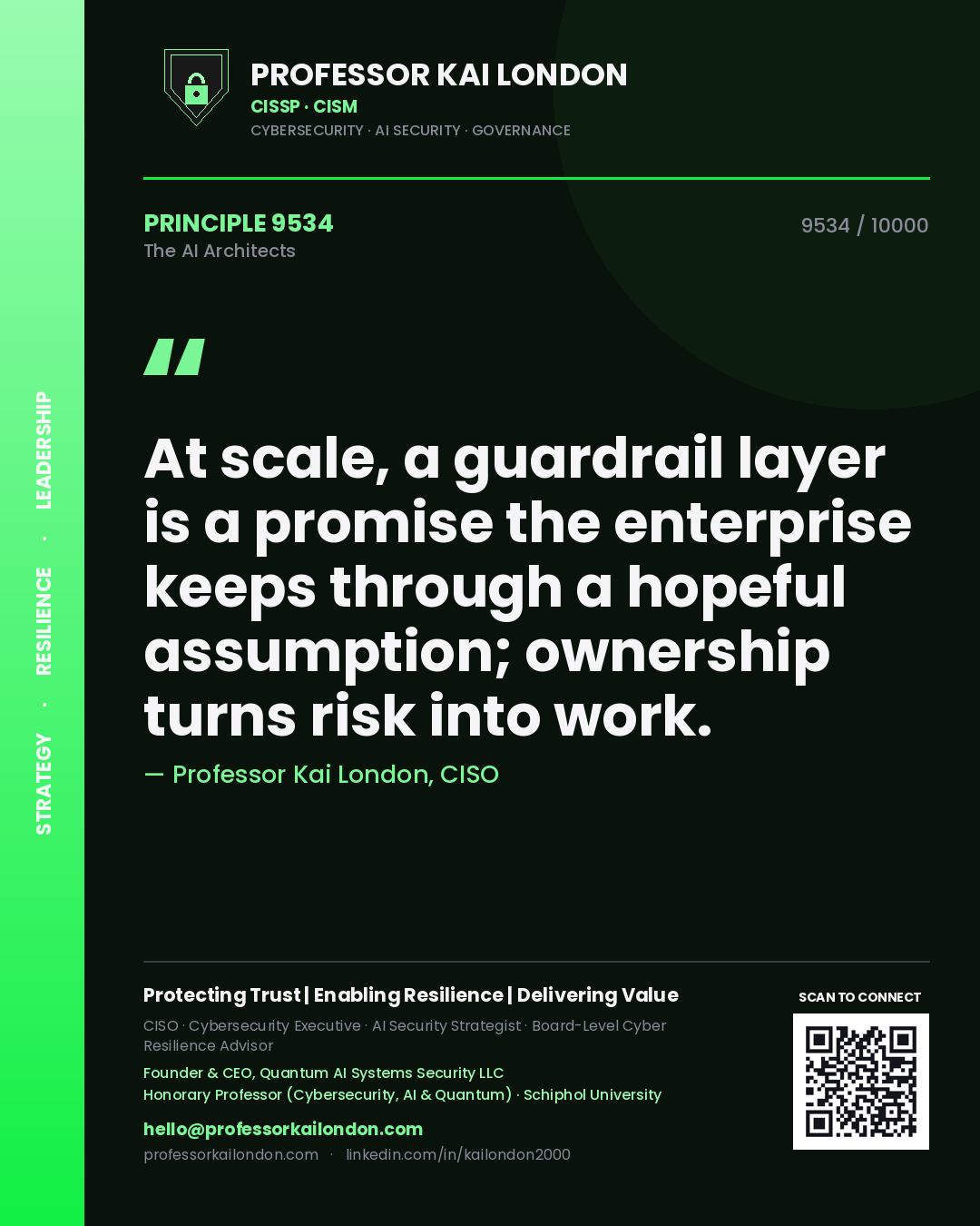 Professor Kai London principle 9534: At scale, a guardrail layer is a promise the enterprise keeps through a hopeful assumption; ownership turns risk into work.