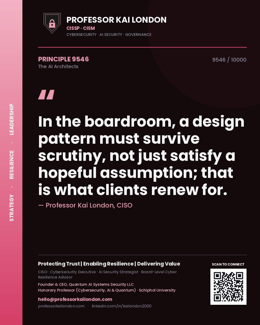 Professor Kai London principle 9546: In the boardroom, a design pattern must survive scrutiny, not just satisfy a hopeful assumption; that is what clients renew for.