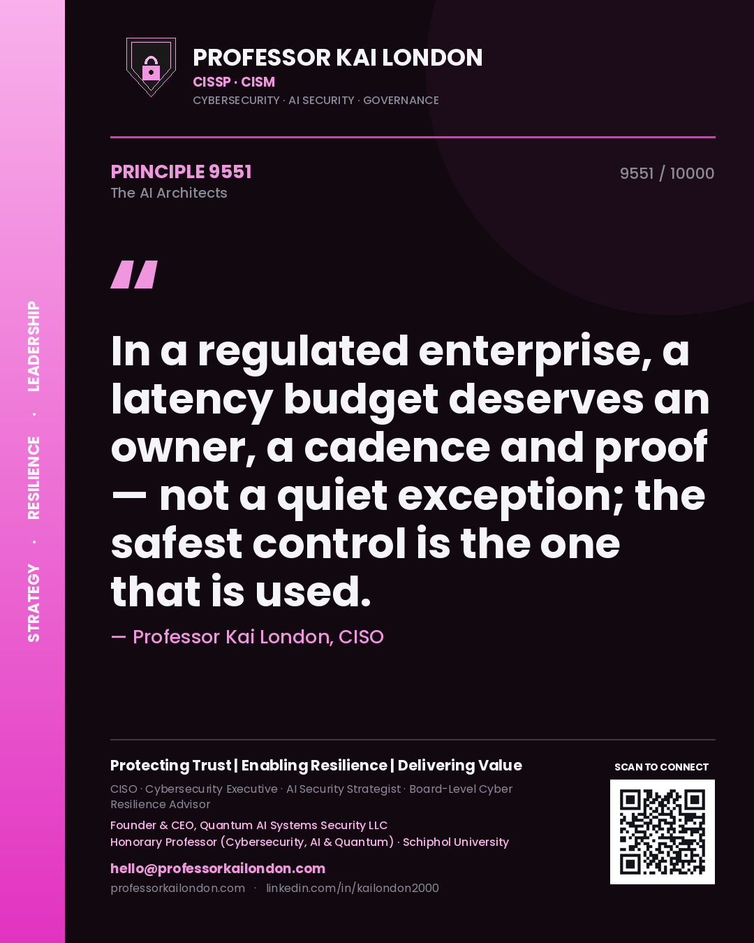 Professor Kai London principle 9551: In a regulated enterprise, a latency budget deserves an owner, a cadence and proof — not a quiet exception; the safest control is the one that is used.