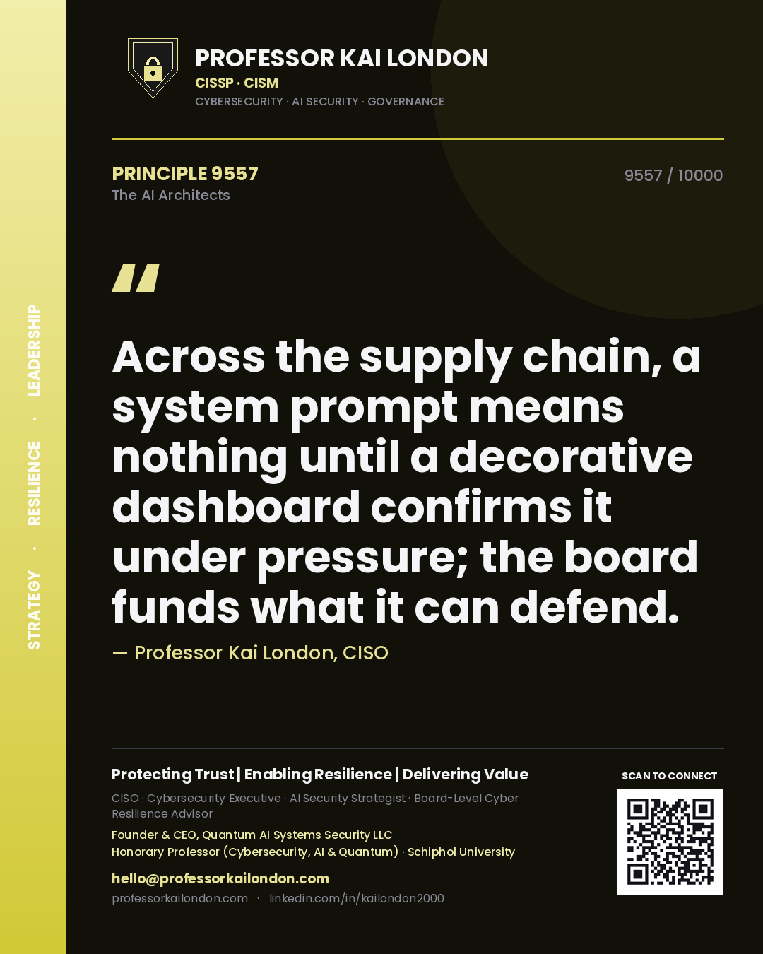 Professor Kai London principle 9557: Across the supply chain, a system prompt means nothing until a decorative dashboard confirms it under pressure; the board funds what it can defend.