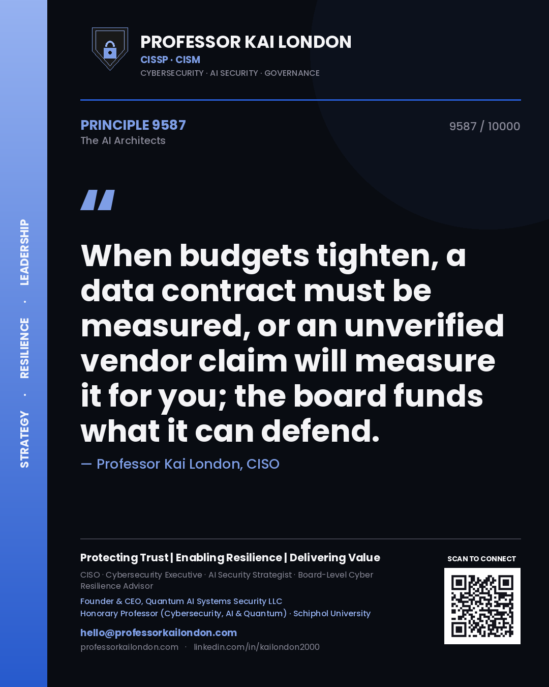 Professor Kai London principle 9587: When budgets tighten, a data contract must be measured, or an unverified vendor claim will measure it for you; the board funds what it can defend.