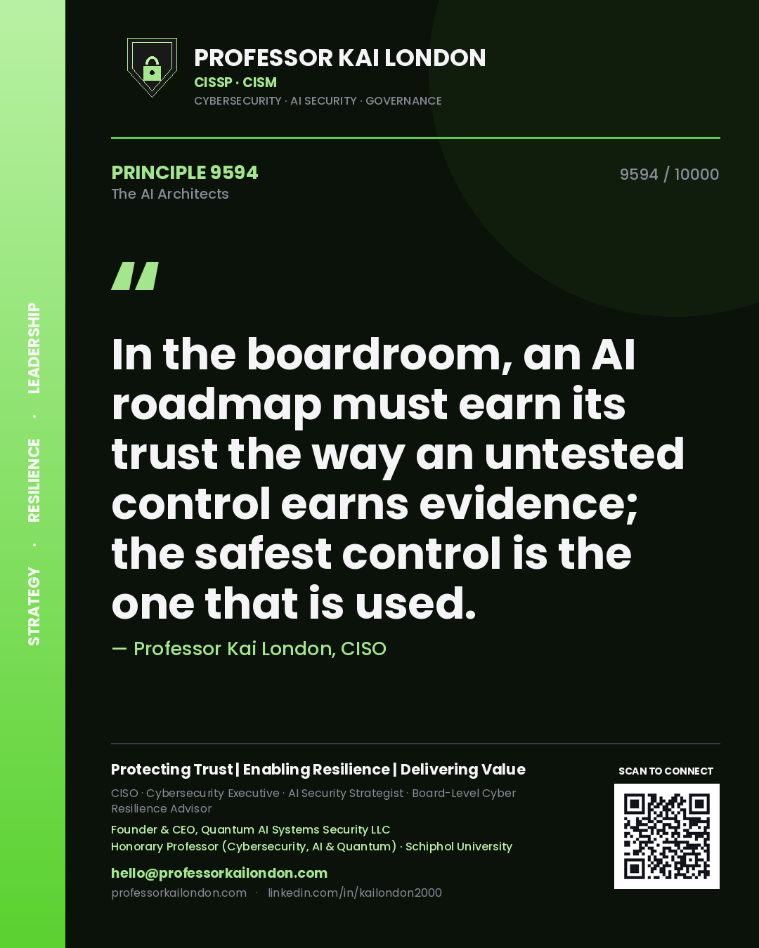 Professor Kai London principle 9594: In the boardroom, an AI roadmap must earn its trust the way an untested control earns evidence; the safest control is the one that is used.