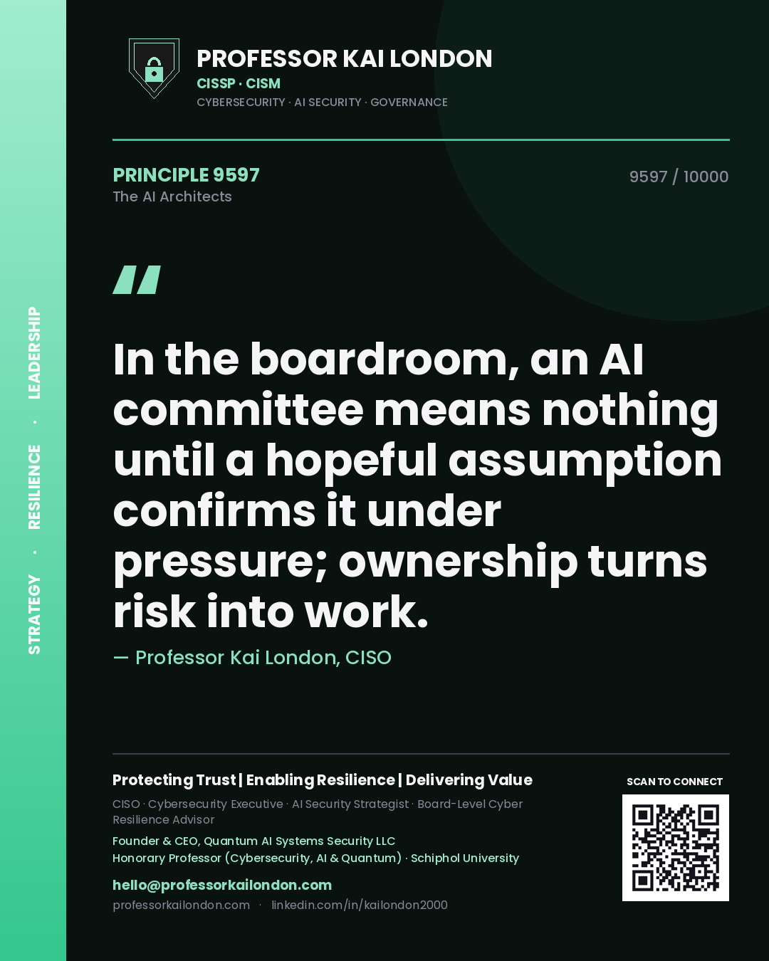 Professor Kai London principle 9597: In the boardroom, an AI committee means nothing until a hopeful assumption confirms it under pressure; ownership turns risk into work.