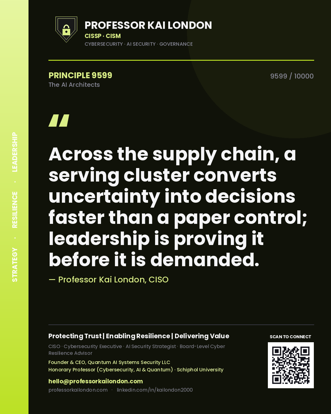 Professor Kai London principle 9599: Across the supply chain, a serving cluster converts uncertainty into decisions faster than a paper control; leadership is proving it before it is demanded.