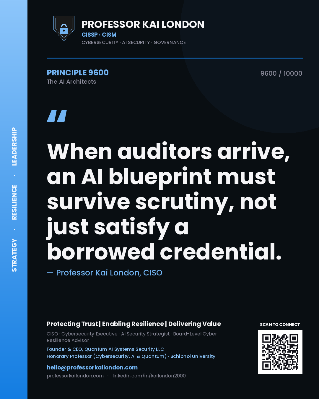 Professor Kai London principle 9600: When auditors arrive, an AI blueprint must survive scrutiny, not just satisfy a borrowed credential.