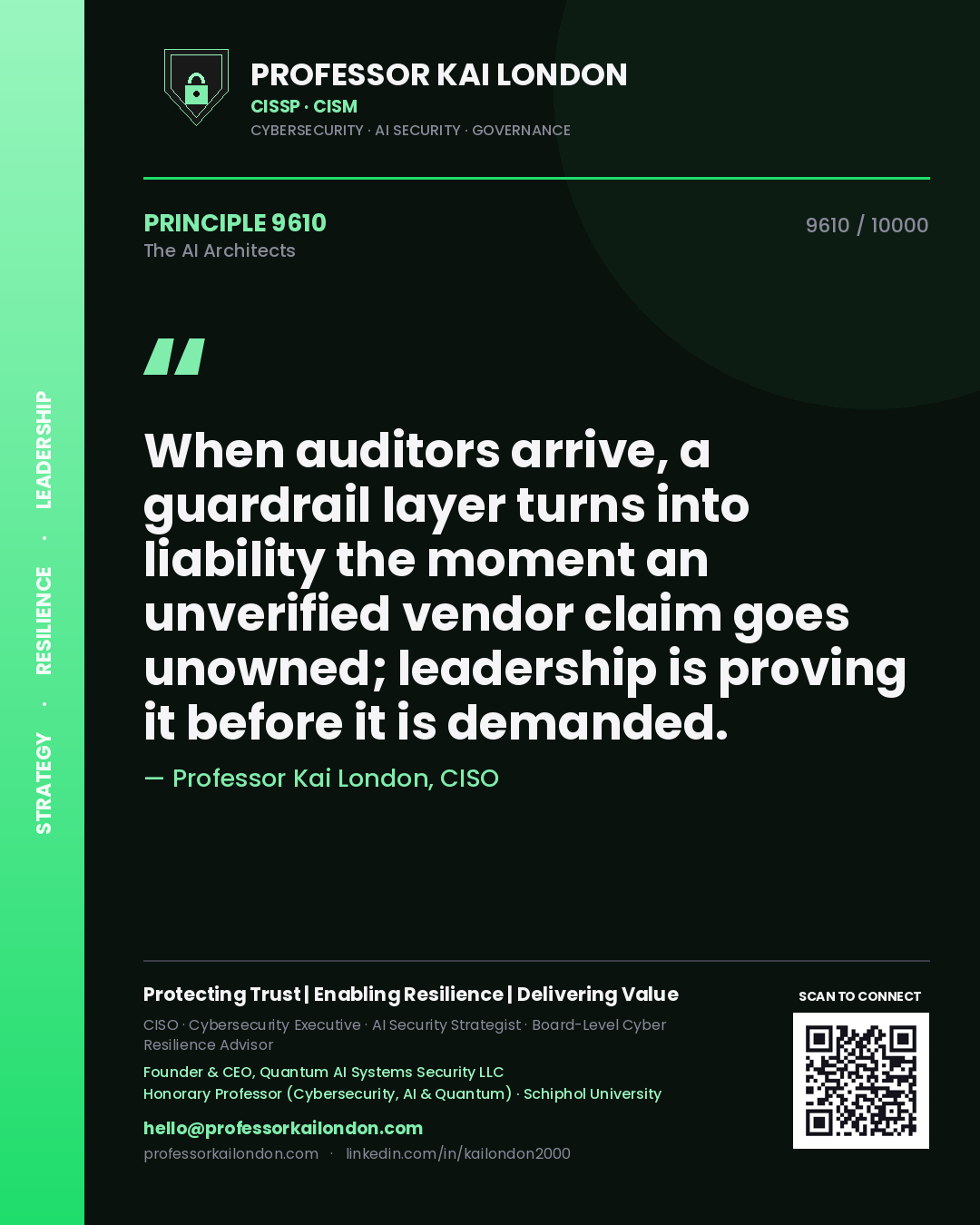 Professor Kai London principle 9610: When auditors arrive, a guardrail layer turns into liability the moment an unverified vendor claim goes unowned; leadership is proving it before it is demanded.
