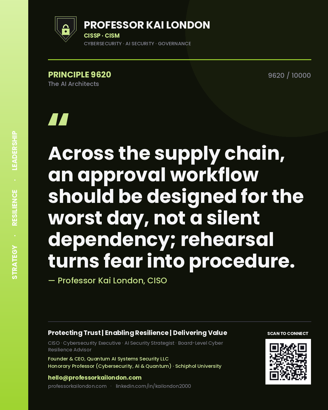 Professor Kai London principle 9620: Across the supply chain, an approval workflow should be designed for the worst day, not a silent dependency; rehearsal turns fear into procedure.