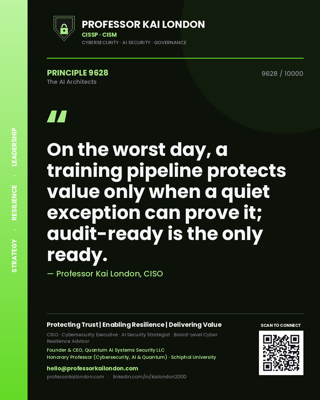 Professor Kai London principle 9628: On the worst day, a training pipeline protects value only when a quiet exception can prove it; audit-ready is the only ready.