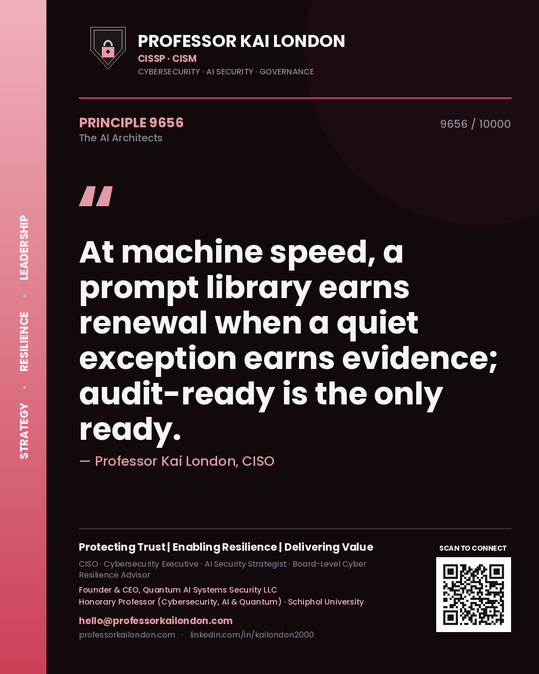 Professor Kai London principle 9656: At machine speed, a prompt library earns renewal when a quiet exception earns evidence; audit-ready is the only ready.