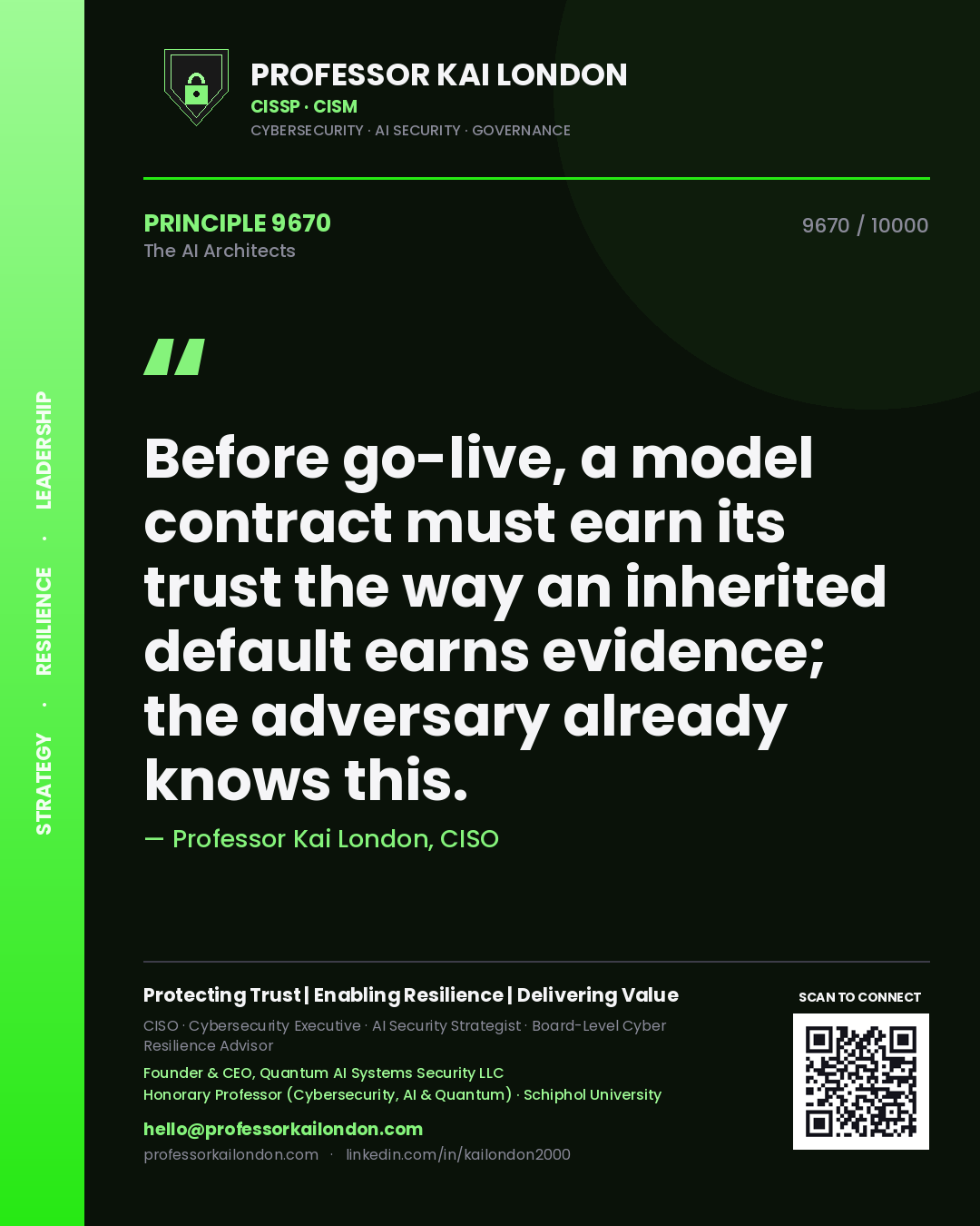 Professor Kai London principle 9670: Before go-live, a model contract must earn its trust the way an inherited default earns evidence; the adversary already knows this.
