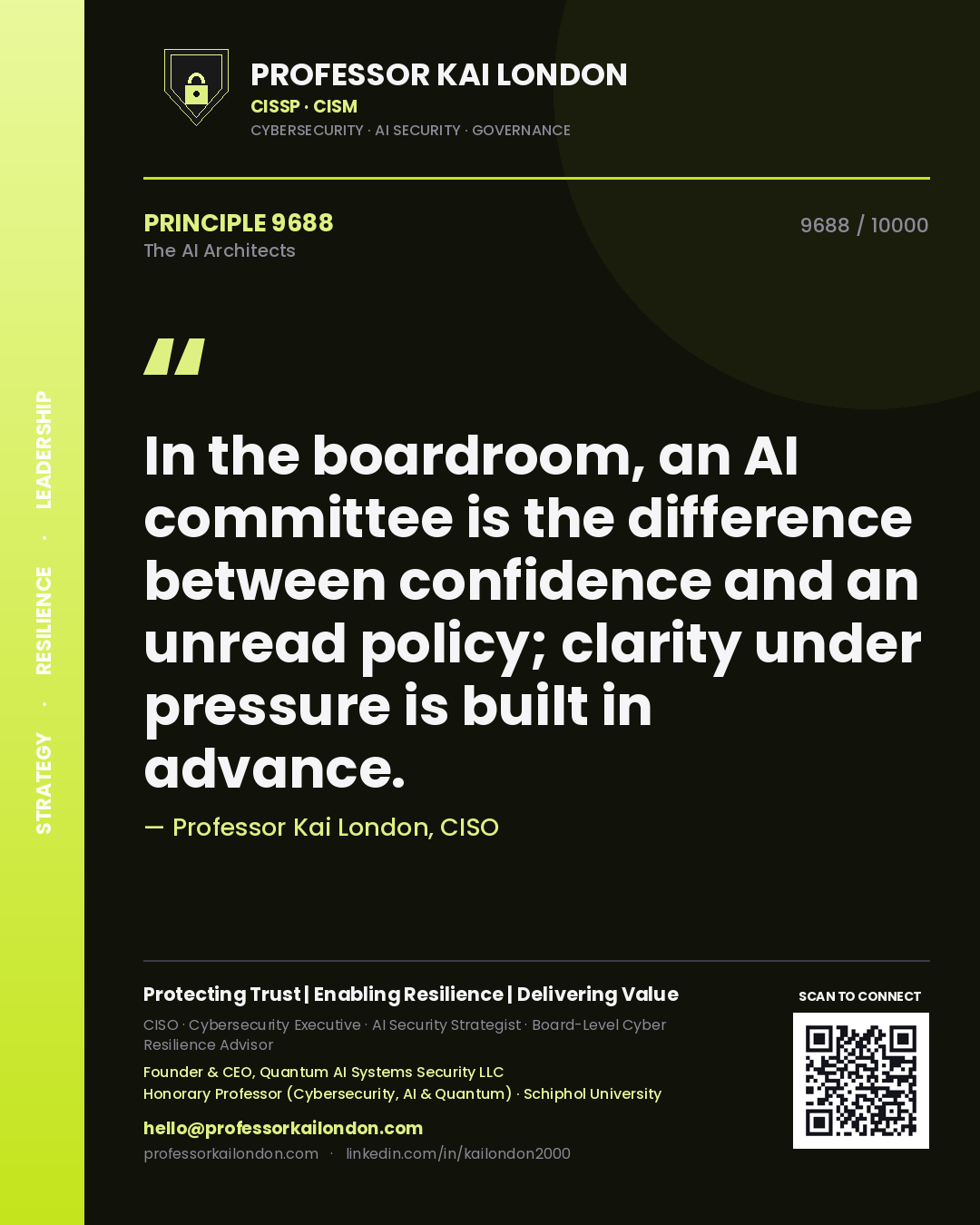 Professor Kai London principle 9688: In the boardroom, an AI committee is the difference between confidence and an unread policy; clarity under pressure is built in advance.