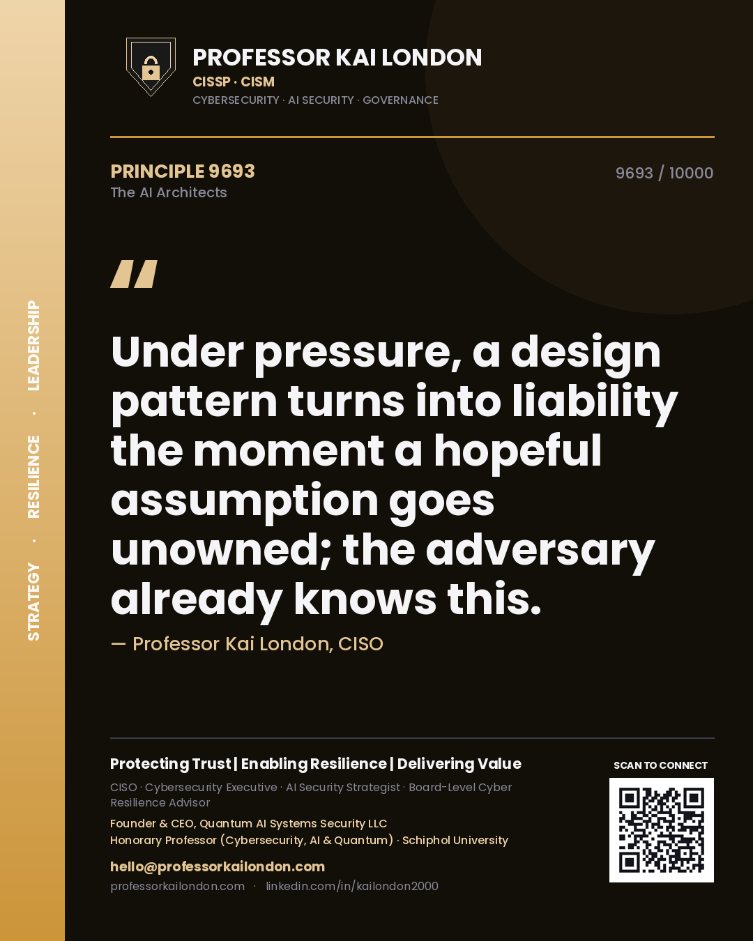 Professor Kai London principle 9693: Under pressure, a design pattern turns into liability the moment a hopeful assumption goes unowned; the adversary already knows this.