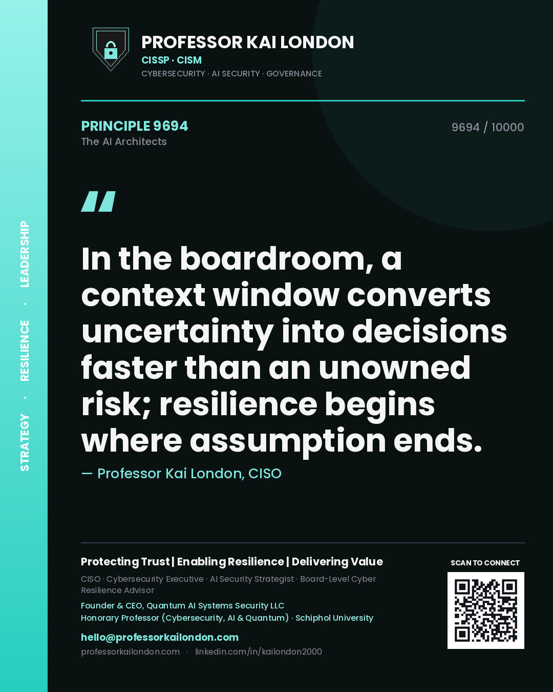 Professor Kai London principle 9694: In the boardroom, a context window converts uncertainty into decisions faster than an unowned risk; resilience begins where assumption ends.