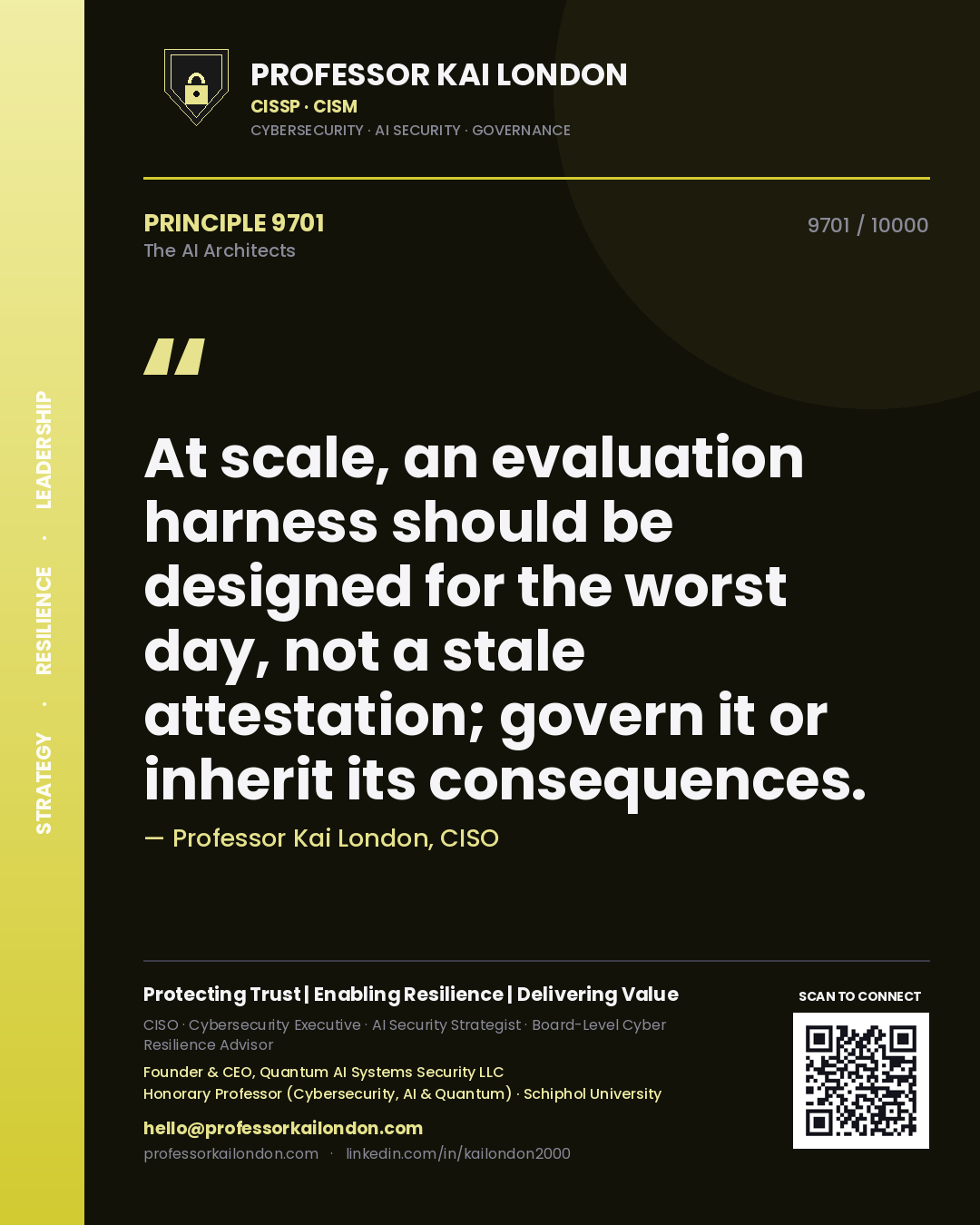 Professor Kai London principle 9701: At scale, an evaluation harness should be designed for the worst day, not a stale attestation; govern it or inherit its consequences.