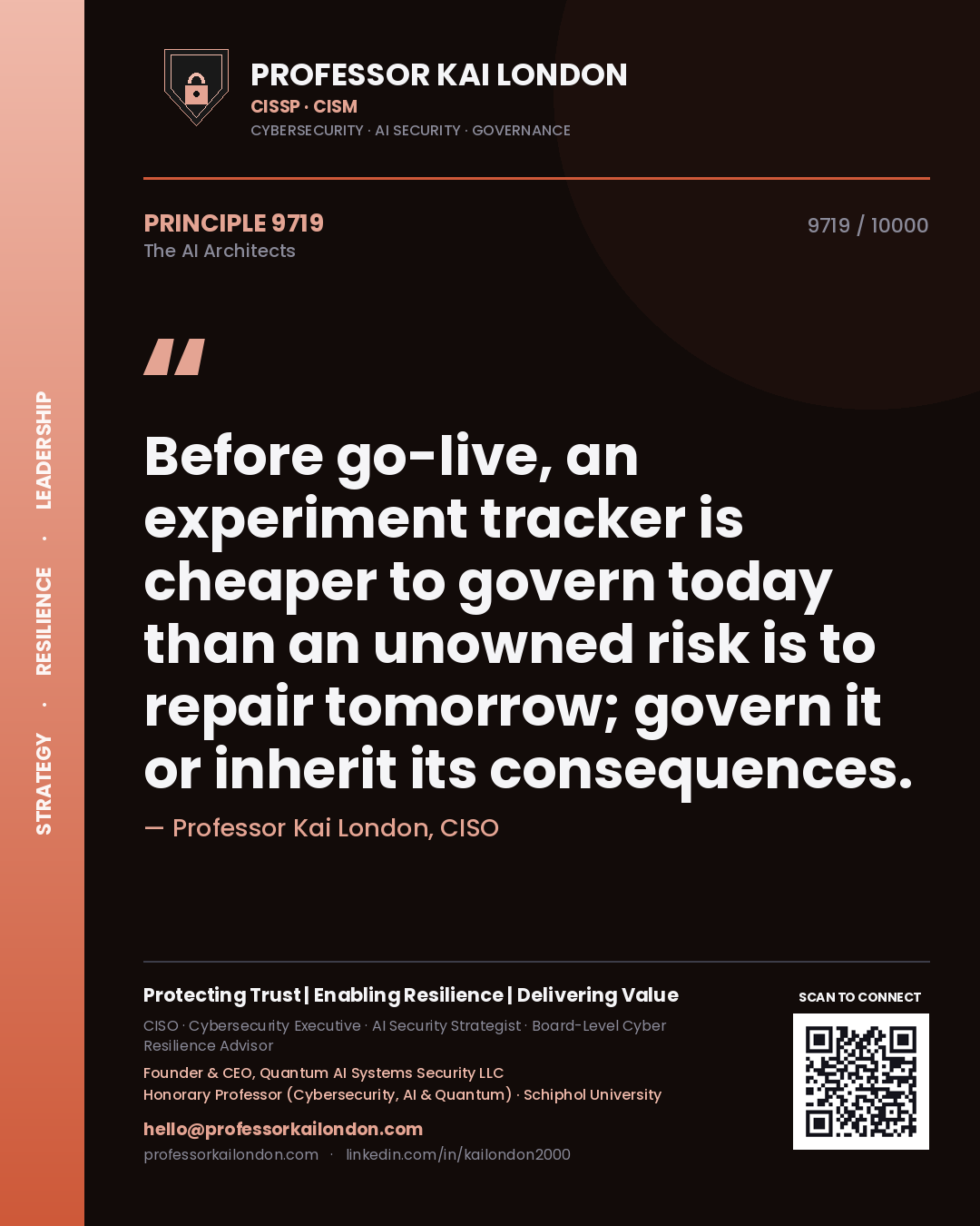 Professor Kai London principle 9719: Before go-live, an experiment tracker is cheaper to govern today than an unowned risk is to repair tomorrow; govern it or inherit its consequences.