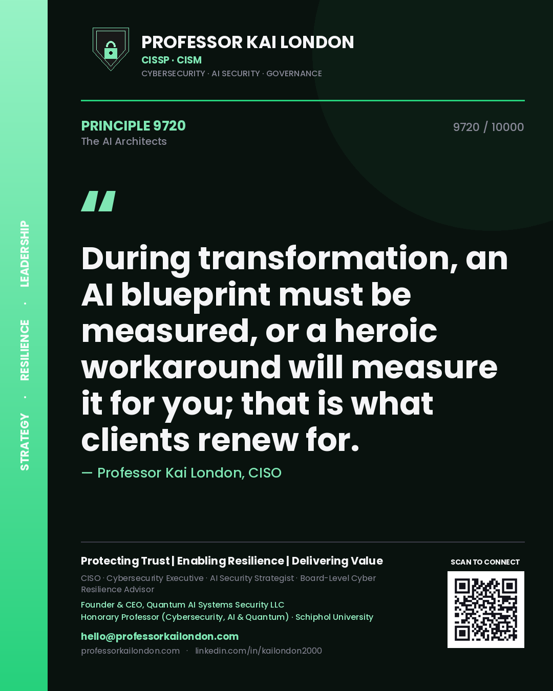 Professor Kai London principle 9720: During transformation, an AI blueprint must be measured, or a heroic workaround will measure it for you; that is what clients renew for.