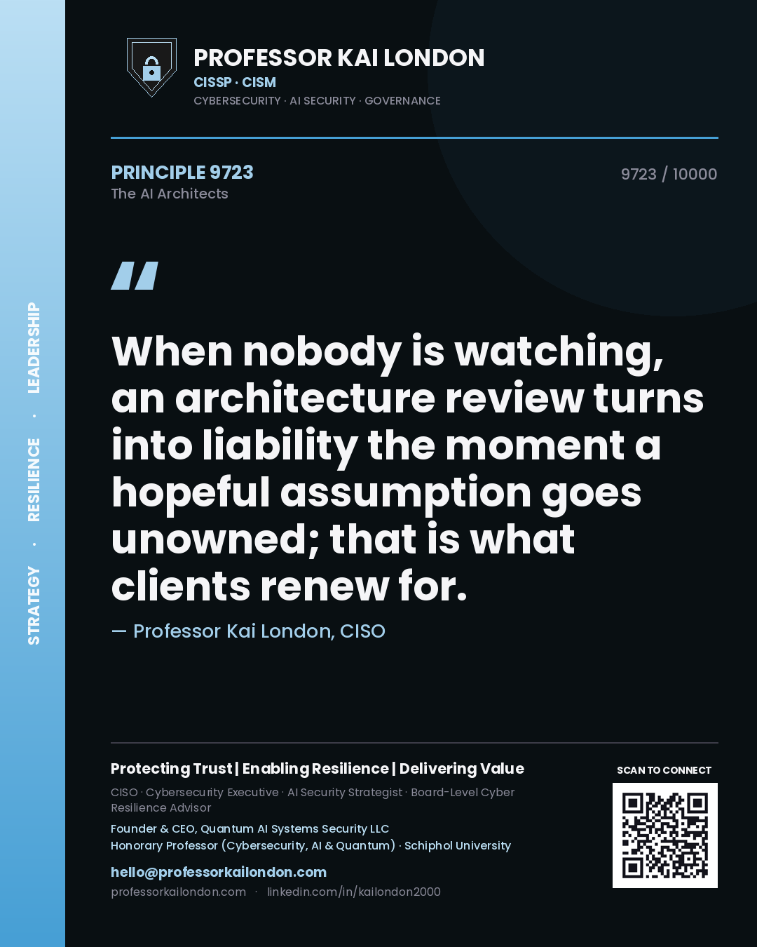 Professor Kai London principle 9723: When nobody is watching, an architecture review turns into liability the moment a hopeful assumption goes unowned; that is what clients renew for.